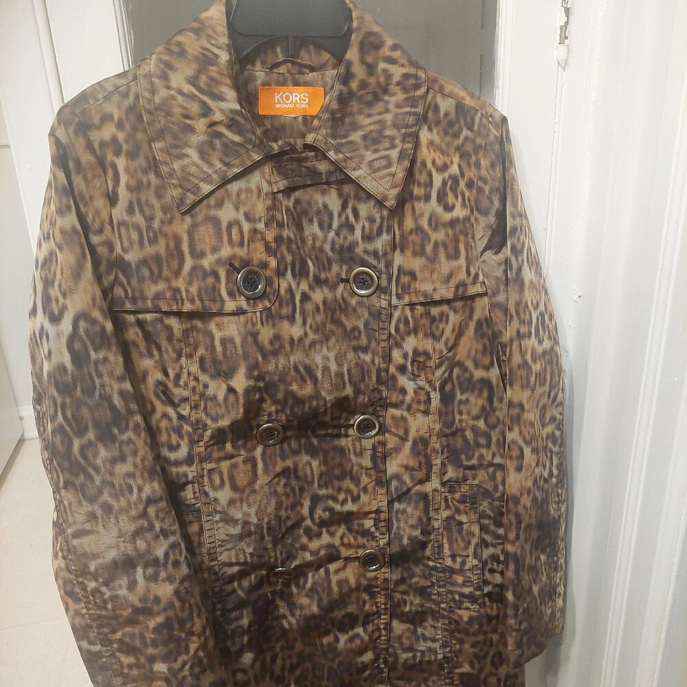 MICHAEL KORS Orange Label Leopard Trench Jacket Coat Sz L / XL GUC